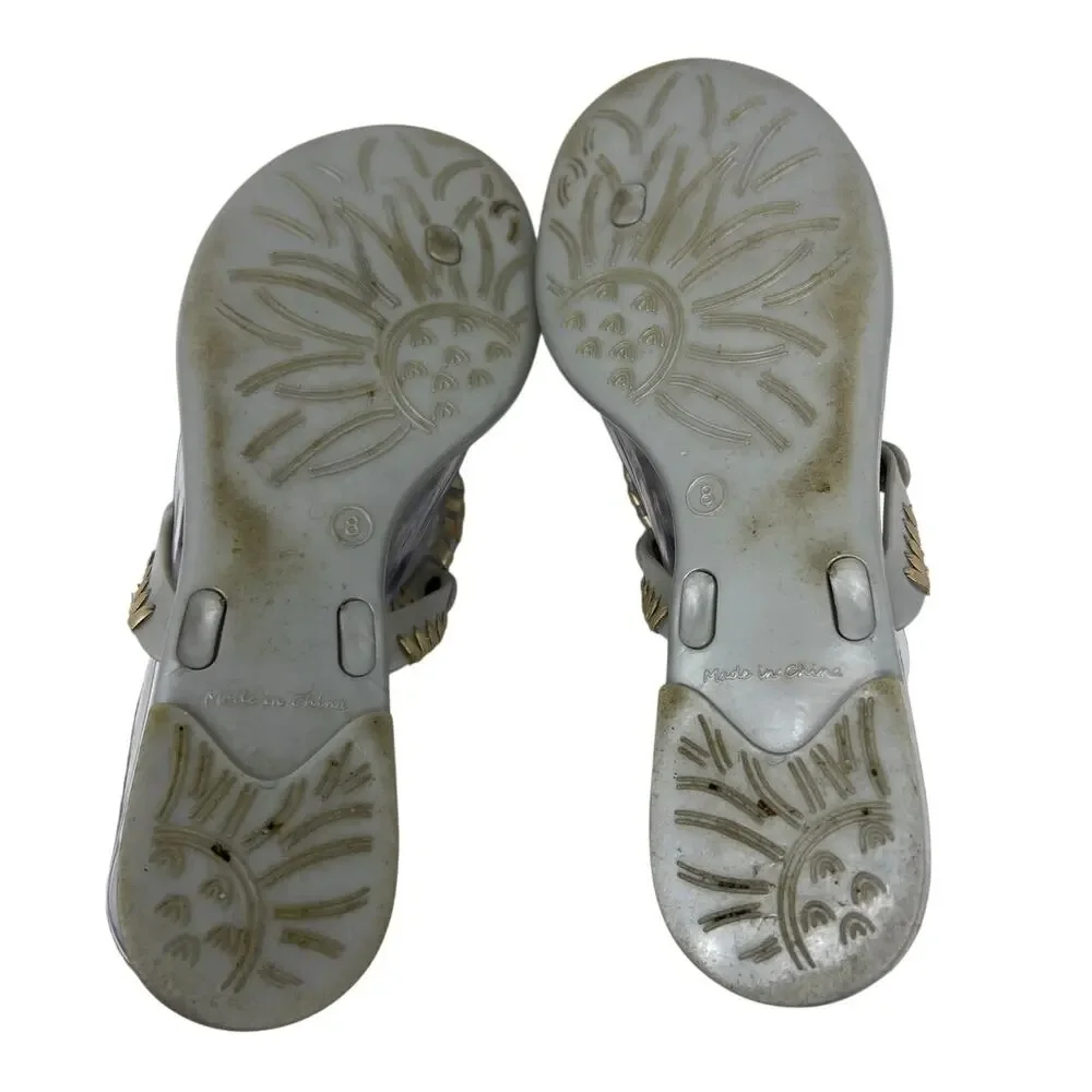Jack Rogers Georgica Silver Gold Medallion Whip Stitch Leather Jelly Sandals 8